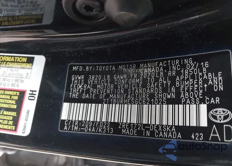 2016 Toyota Corolla S Plus z USA, uszkodzony, nr VIN 2T1BURHE5GC621025